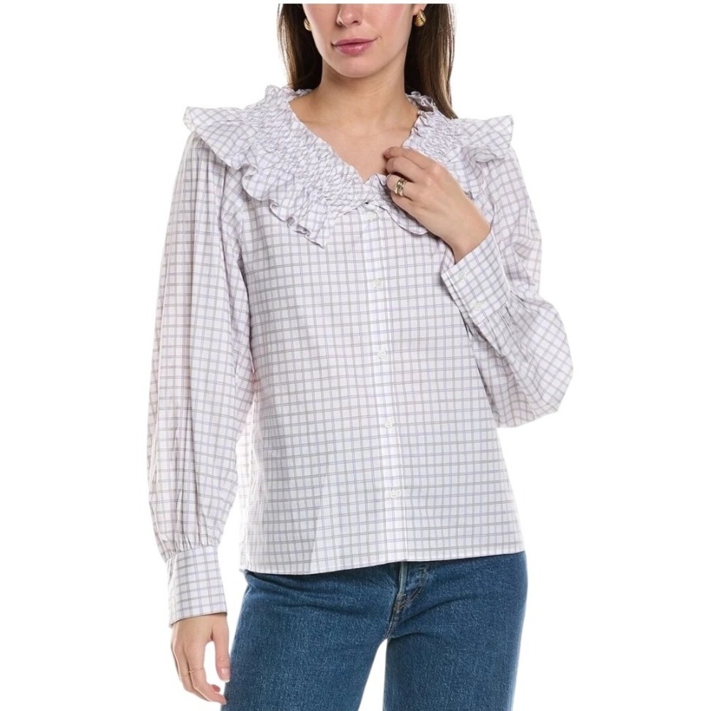 Sandro Shirt Women Small White Purple Devie Check Smocked Ruffle Button Down NWT